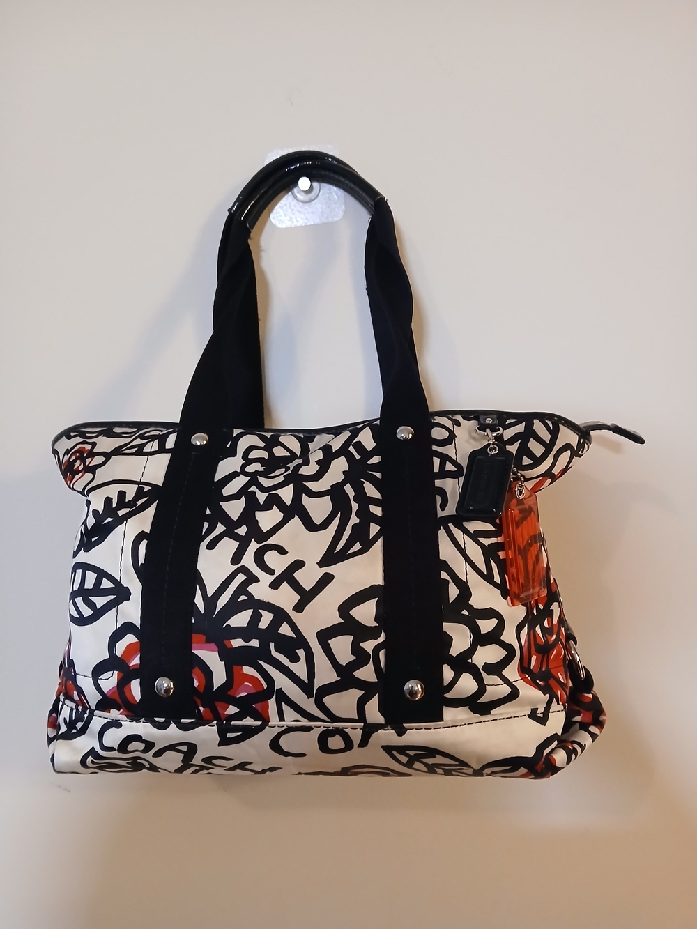 Coach Black and White Floral Canvas Tote with Red Accents